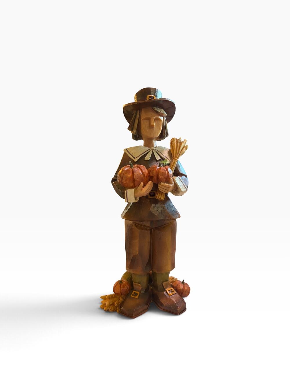 Vintage Resin Pilgrim Woman Figurine Faux Wood Carved Thanksgiving Fall Decor